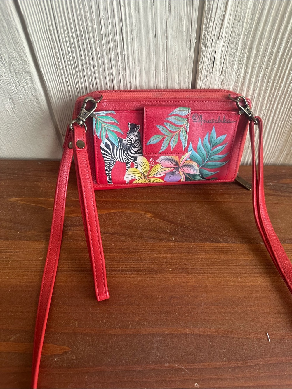 Anuschka Hand Painted Red Zebra & Tropical Floral Crossbody Wristlet Bag - Picture 2 of 16